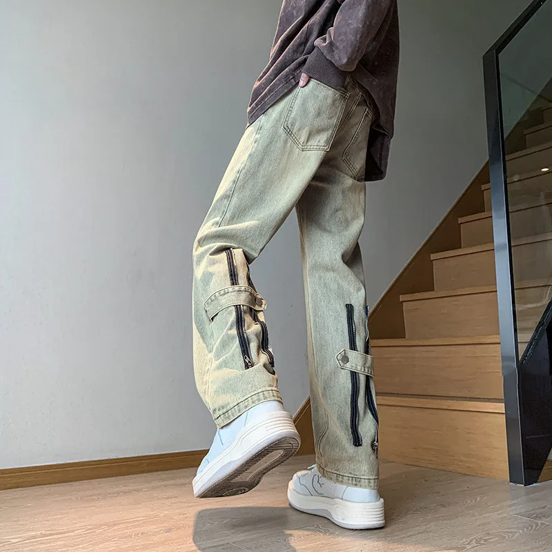 retro zip jeans men's loose straight leg casual jeans fashion denim trousers youth streetwear pantalon