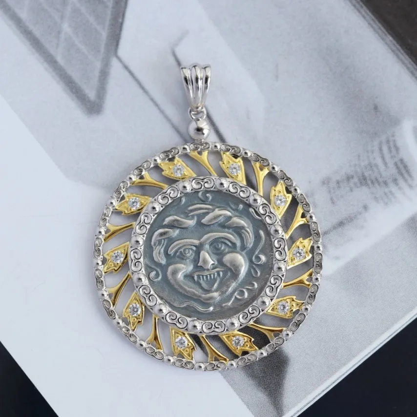 

Byzantine Medusa 925 Silver Roman Coin Replica 18K Gold Tone Floral Filigree Pattern Medallion Handmade Pendant C11N3S26295