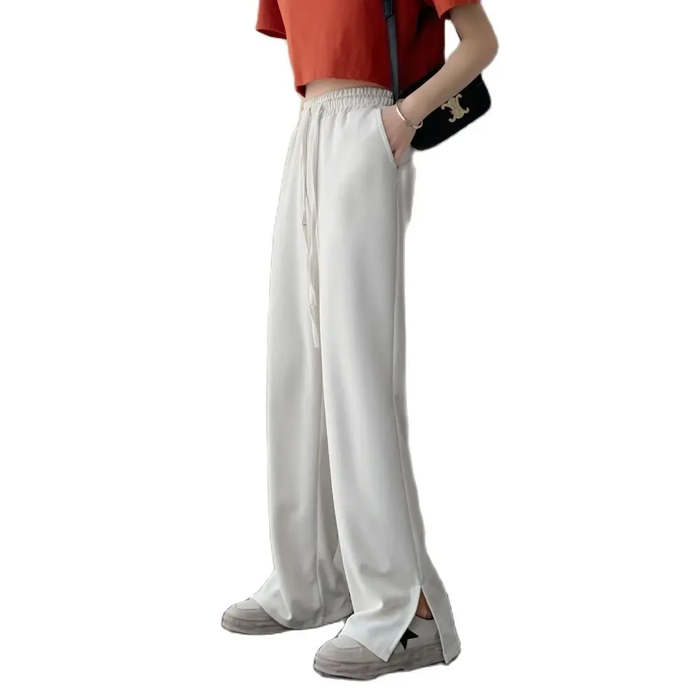 

Fashion White Cotton Trouser 2022 Spring Hot Sale Drawstring Slit Wide Leg Bottoms Casual Loose Pants Women's Clothing