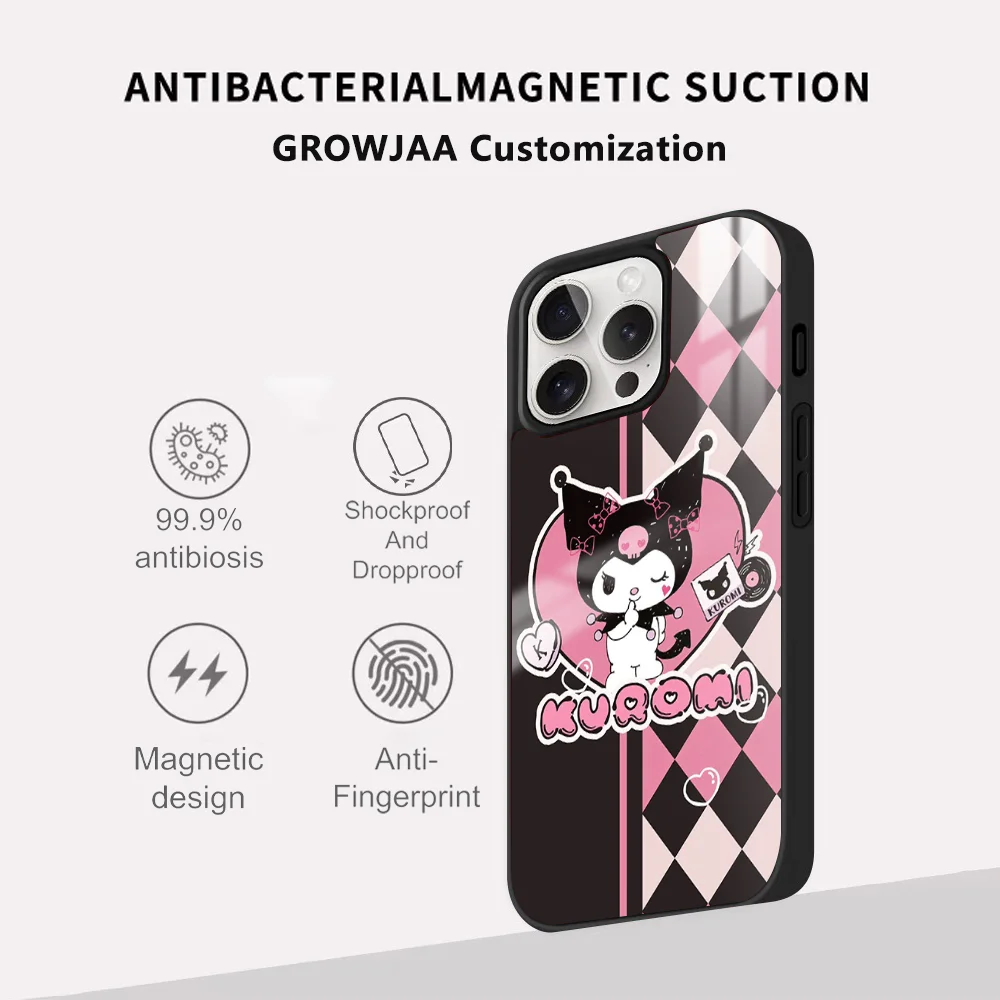 Чехол для телефона Kuromi Pink Check Magsafe iPhone 15 14 13 12 11 Pro Max Plus мини-зеркало беспроводная