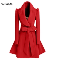 2021new fashion womens concealed buckle suit tie belt temperament slim woolen woolen coat mid length stitching polyester jacket
