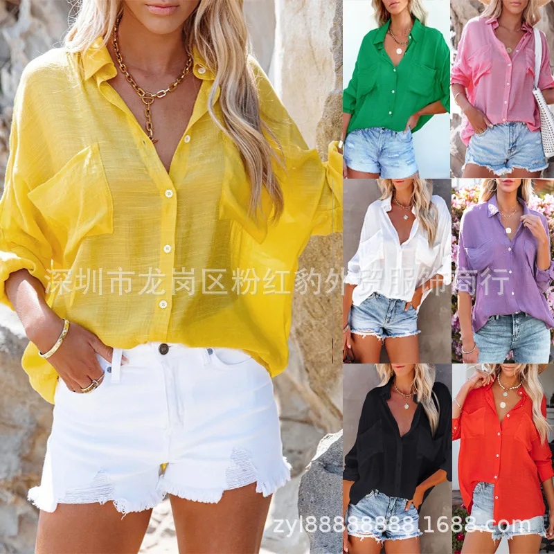 

2022 Summer New Women's Candy Color Flip Cardigan Fashion Big Pocket Shirt