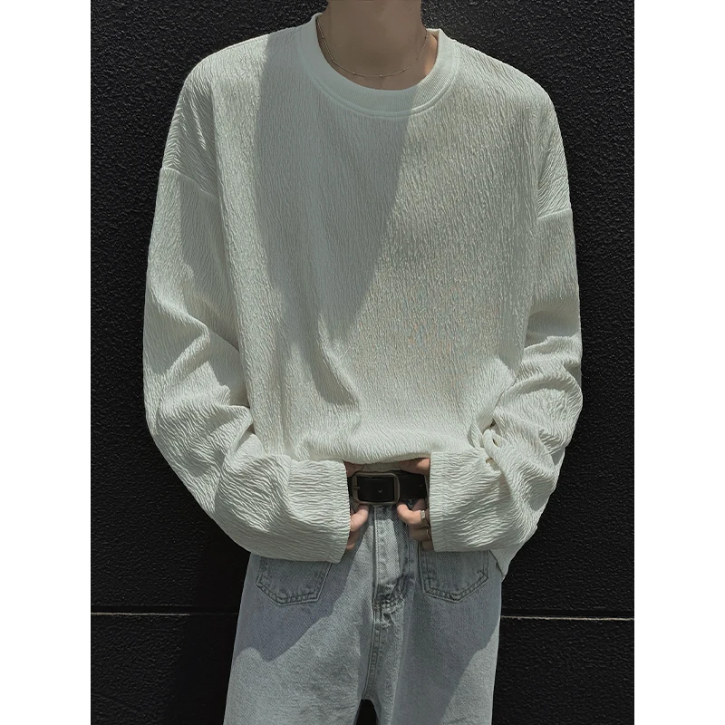 Idle Sle Long sleeves Shirt Men's Spring and Autumn 2024 Couple Teenagers Solid All-Match Oversize round Neck Base |