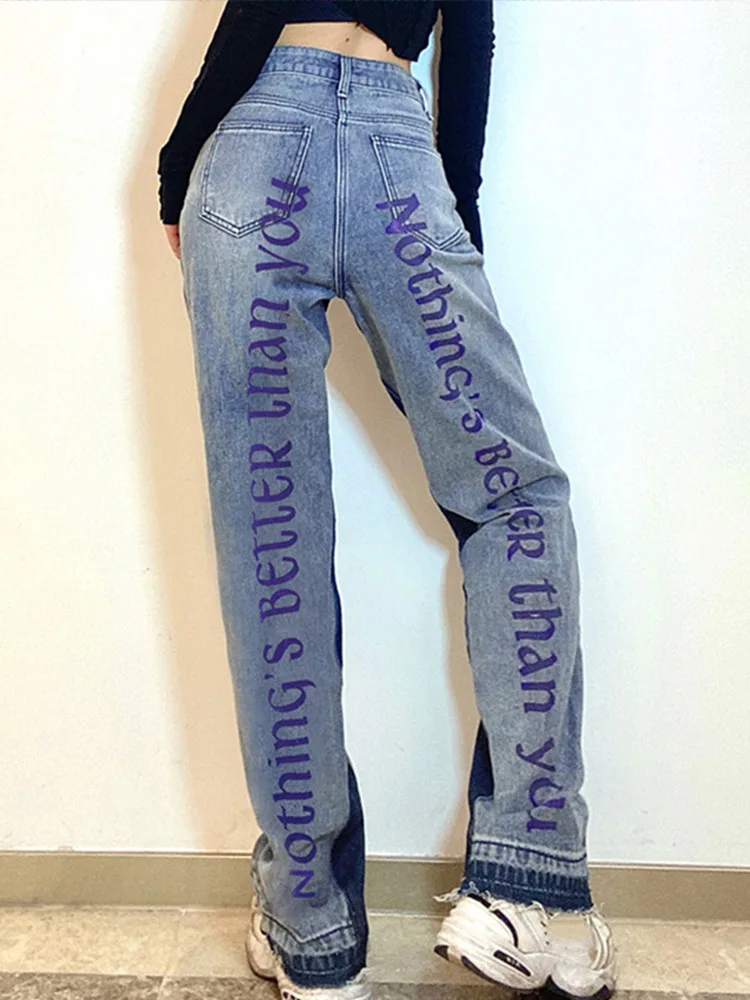 

2022 Spring Women Fashion Letter Printed Splicing Color Contrast Jeans Female Casual High Waist Straight Denim Pants Streetwear