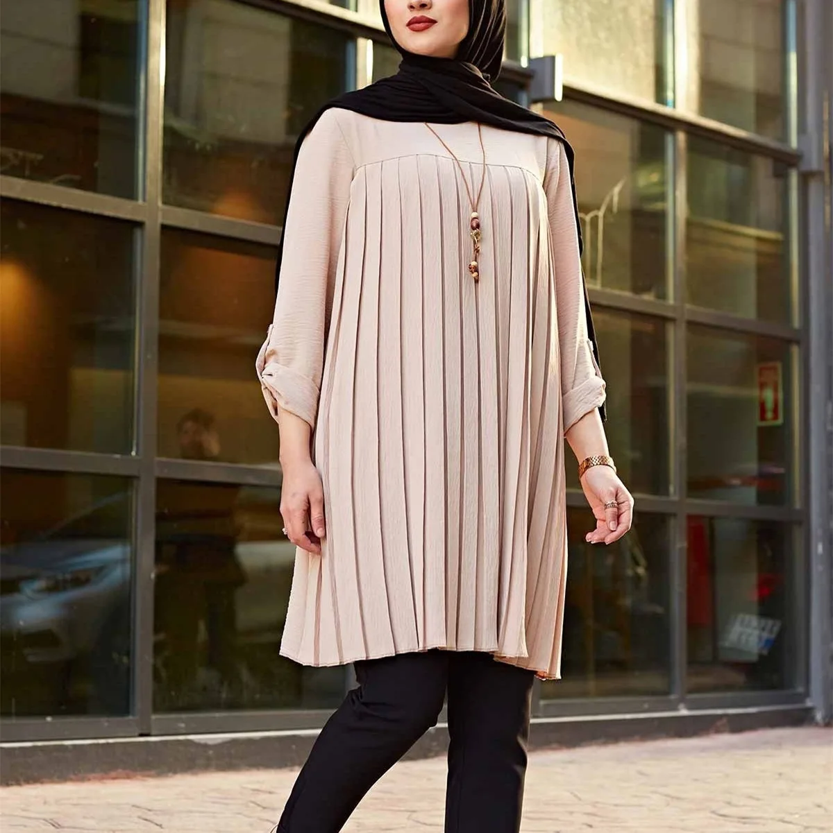 Muslim Casual Pleated Blouse for Women Spring Loose Long Sleeves O-neck Shirt Middle Islam East Female Tops  muslim fashion