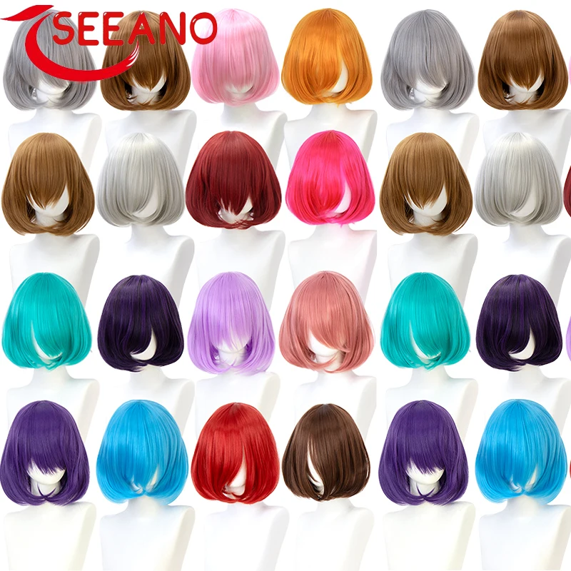 SEEANO Synthetic Short Bob Straight Hair With Trimmable Bangs Lolita Ombre Pink Red Blue Purple Cosplay Wig For Women Short Wigs