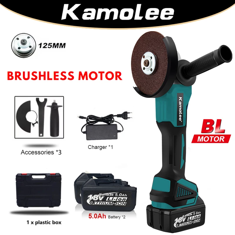 

[2x5.0Ah Battery + ToolBox]Kamolee M14 125mm 5 Inche 18500RPM Brushless Cordless Angle Grinder 4 Speed Cutting