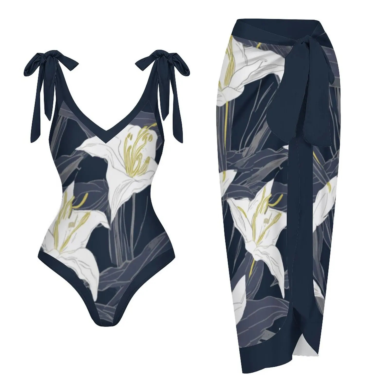 

Women's Tropical Floral Print Swimwear, One-Piece Swimsuit, High Waist Halter Strap Bikini Suit, Irregular Strap Cover Up, 2023