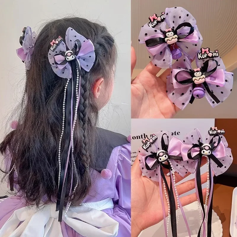 Sanrio Kuromi милые аксессуары для волос мультяшная принцесса сетчатый Бант Детская