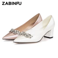 elegant white heels for women wedding shoes bride designer rhinestone satin pointed toe pumps bridal shoes 5cm women block heels