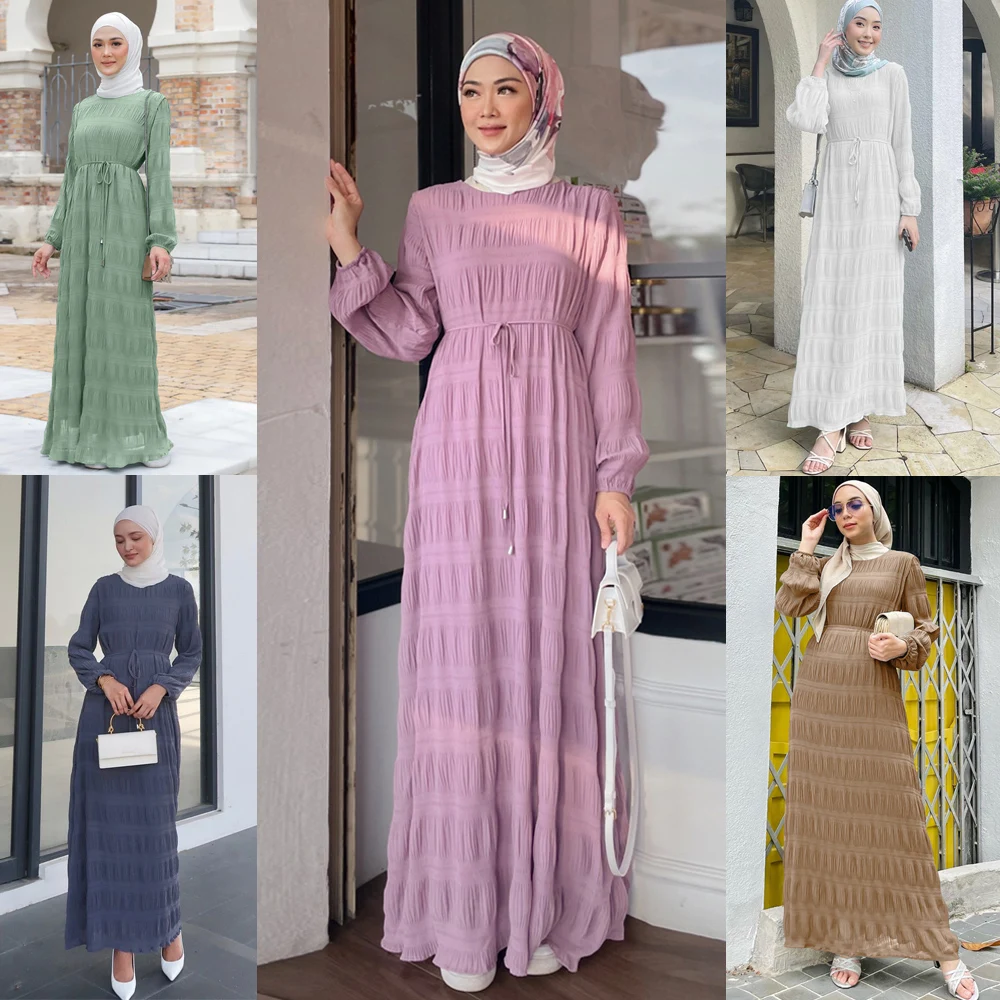 

Новые шифоновые плиссированные платья с длинным рукавом для женщин, мусульманская скромная абайя, Турция, кафтан, Дубай, Арабская искусственная детская одежда, Рамадан, ИД
