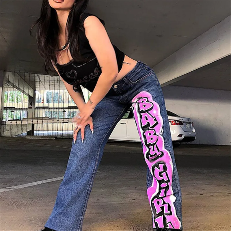 

90s Moms Jeans E-girl Vintage Streetwear Letter Printing Baggy Jeans Fashion Straight Demin Low Waist Y2K Pants Autumn 2021 Blue
