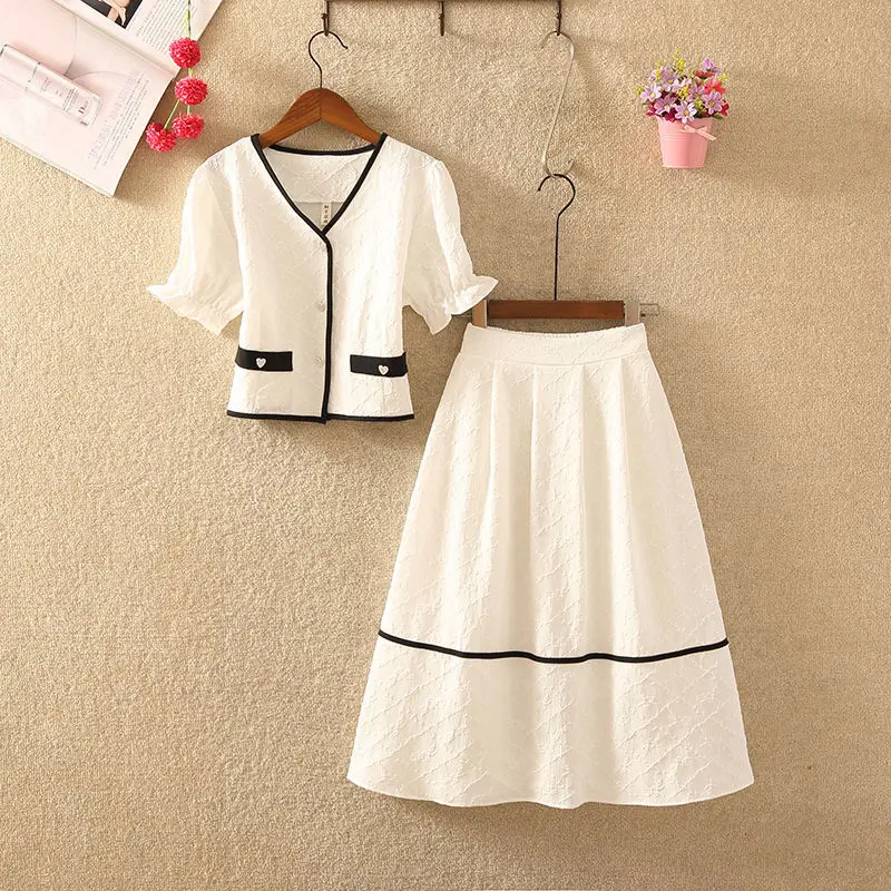 

Women 2022 Summer Fashion Two Piece Sets Female Short Sleeve V-neck Shirts + High Waist A-Line Skirts Ladies Casual Suits S177