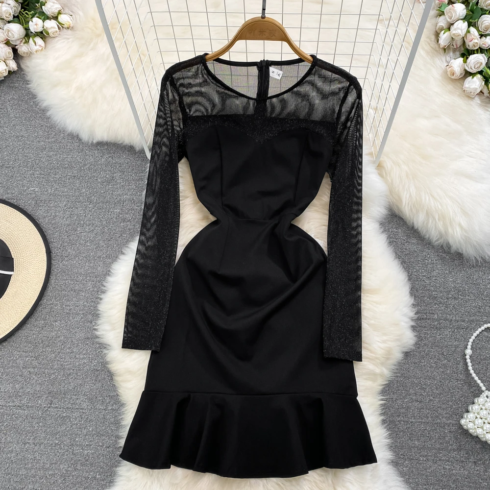 

Темпераментное привлекательное Сетчатое платье в стиле пэчворк с приемной талией, тонкое платье с баской и окантовкой, юбка-годе, женское платье на ягодицы