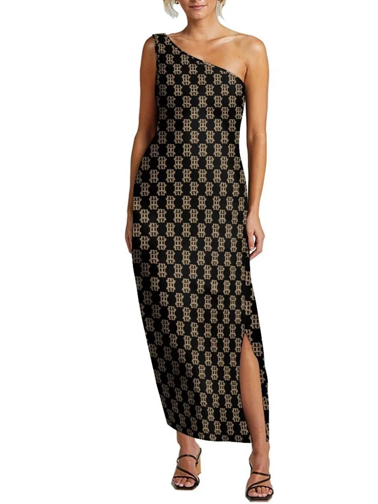 

2023 NEW Dresses for Women ALL Letter Print One Shoulder Slit Dress Vestidos De Mujer Casual Elegant Maxi Robe Female S~6XL