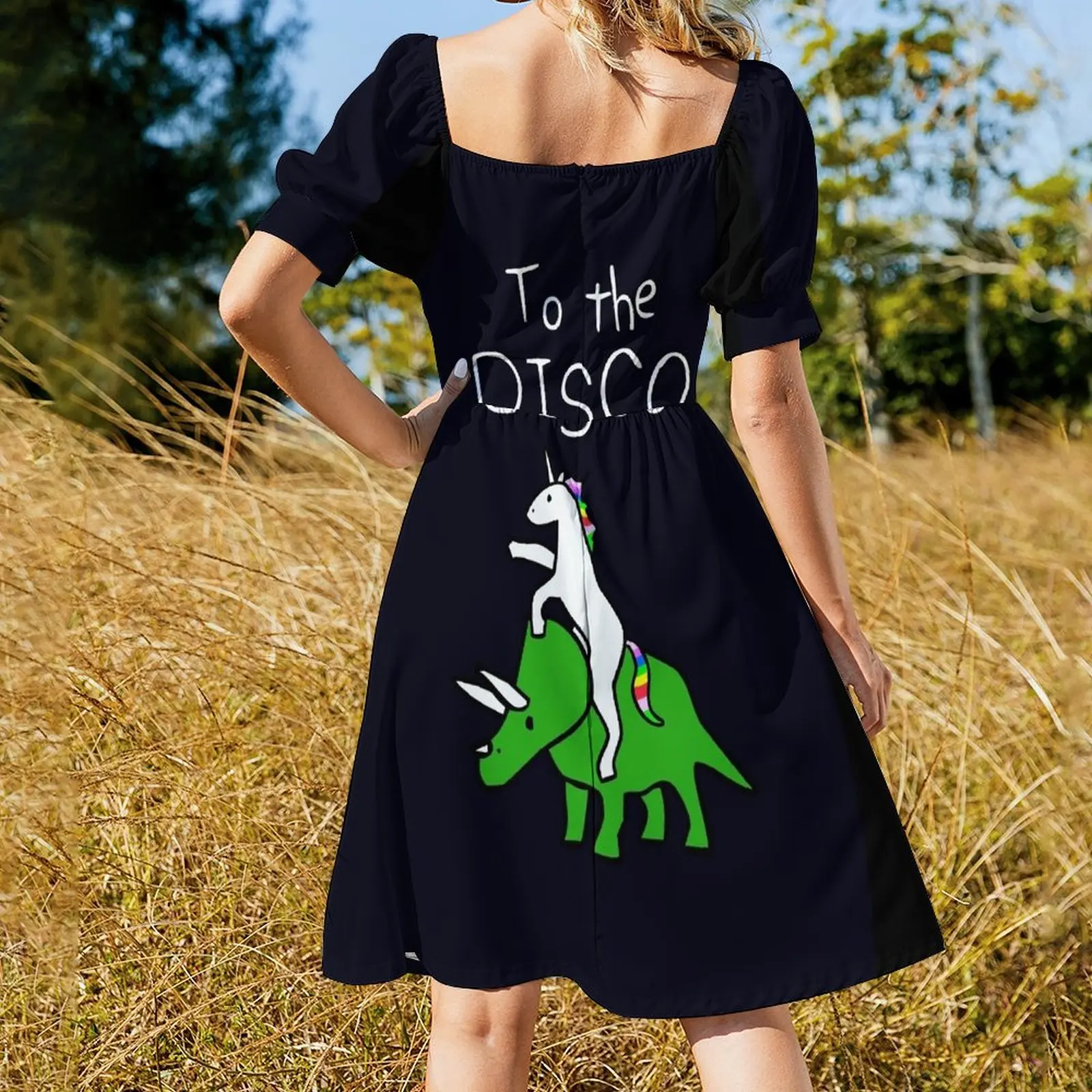 В Дискотеку (белый текст) Единорог Верховая езда Трицератопс Платье с короткими