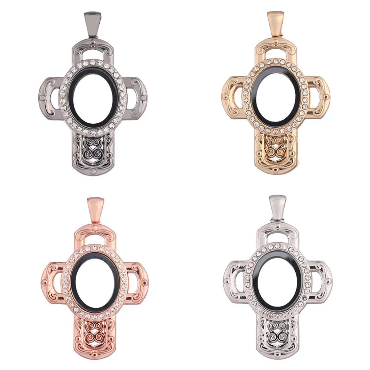 

2Pcs Alloy Pendant Rose Gold/Golden/Black/White Diamond-set Cross Round/Square Plate Glass Photo Boxes Openable Jewelry DIY