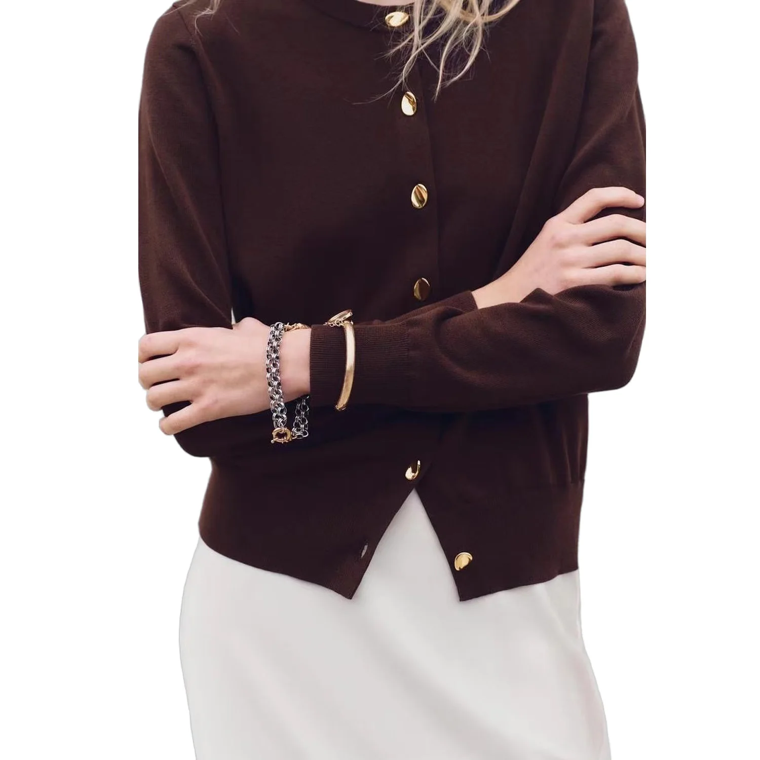 Женский Монохромный Золотой Трикотажный Кардиган С Глубоким V-образным Вырезом