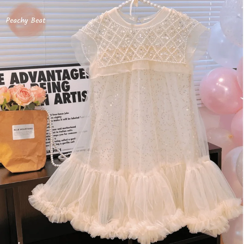 

Baby Girl Princess Sequine Dress Infant Toddler Child Sleeveless Pearl Vestido Summer Frocks Party Birthday Baby Clothes 1-12Y