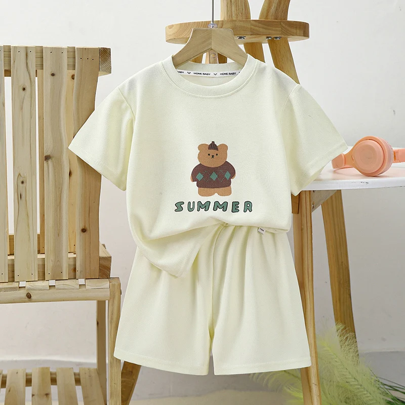 

Summer Baby Outfits Children Fashion Tee Soild Color Shorts Thin Cotton Clothes Tracksuits Cartoon Bear Short Sleeve Pant Sets