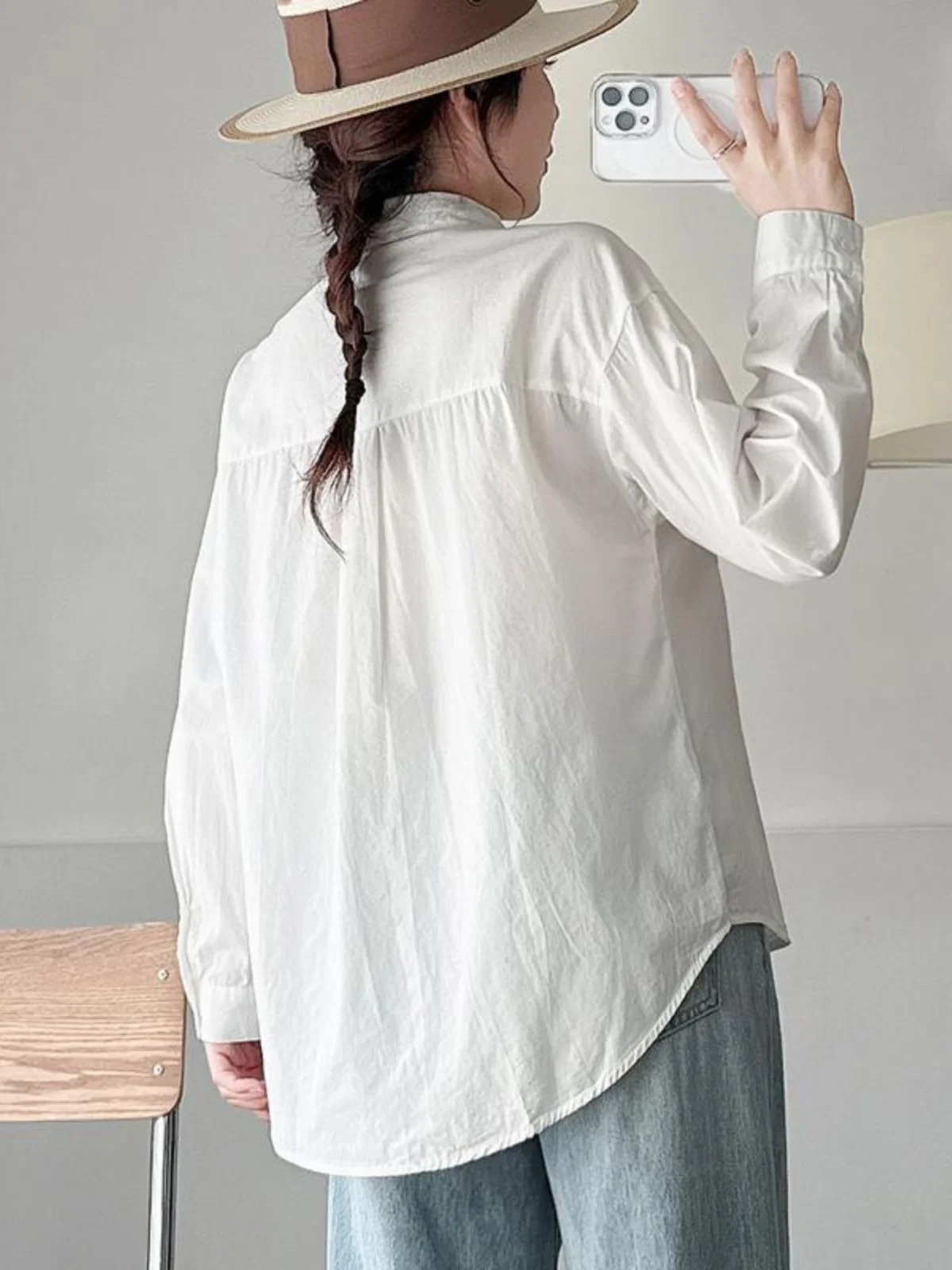 White Pure Cotton Minimalist Sle European Goods Shirts Top Women Loose Korean Design Adjustable Small Blue Labe...