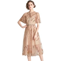 simgent summer dress womens mesh lace embroidery flare sleeve a line elegant midi long dresses robe femme jurken sg25291