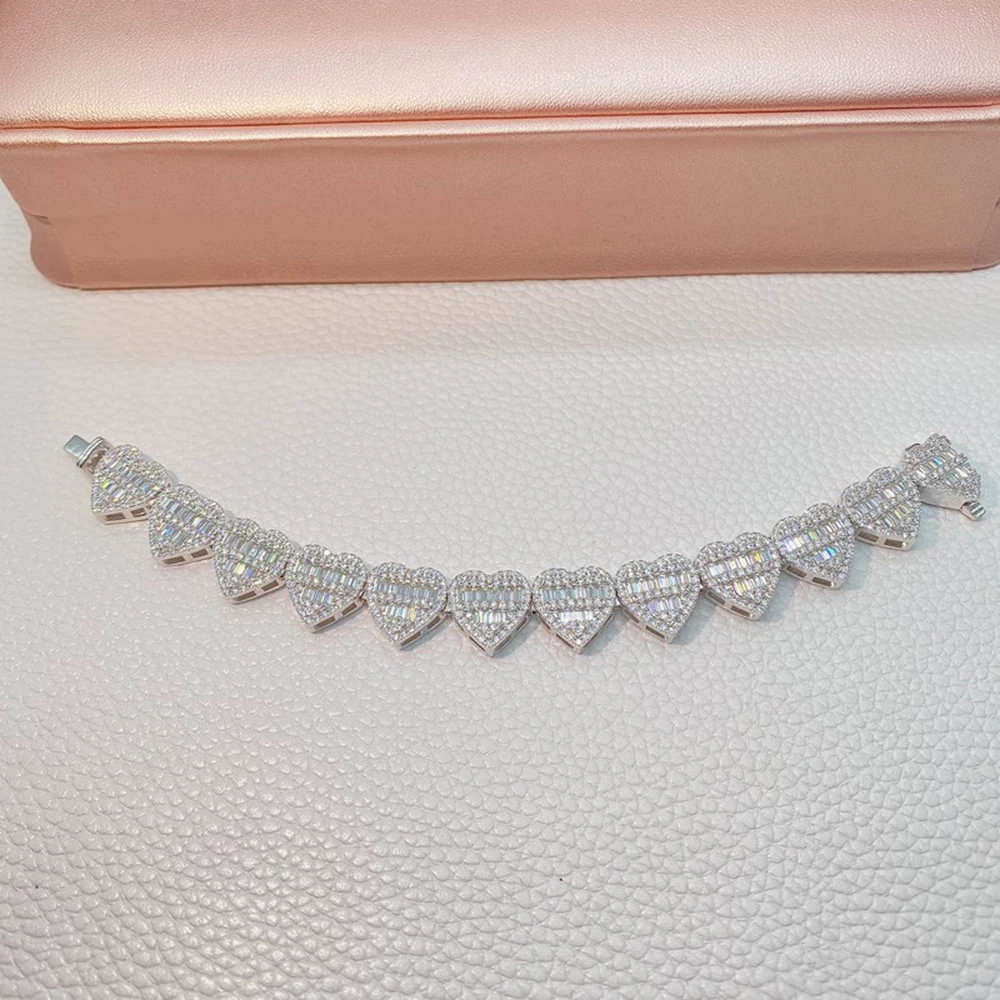 Bling Heart Moissanite Necklaces S925 Silver Cuban Link Chain Choker Real Diamonds for Women Men Pass Tester With GRA Free Ship