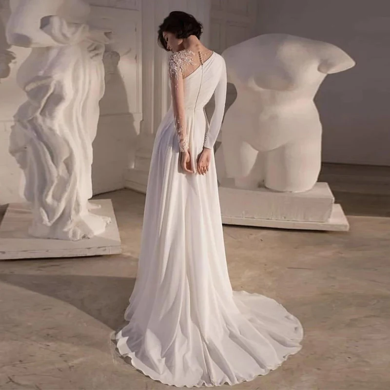 

Romantic Bridal Wedding Dress Strapless Sweep Train Tulle Long Sleeves Zipper Sequined Draped Pleat Simple A-Line Robe De Mariée