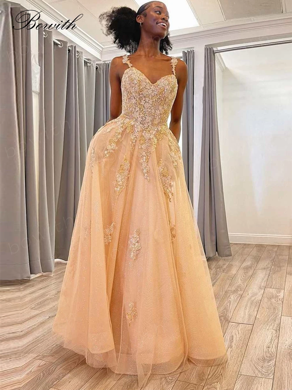 

Bowith Elegant Prom Dresses 2023 Applique A Line Evening Party Dresses for Women Formal Dress for Gala Party robe de soirée