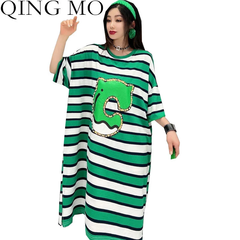 

QING MO Women Stripe Pattern Dress Loose Mid-length Short Sleeve Sequins Splicing Split Printing Dress Green 2023 Summer ZXF2356