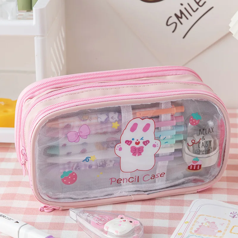 

Cartoon Transparent Girl Pencil Bag Three-Layer Large Capacity School Case Zipper Pencil Pouch Simple Student School Supplies