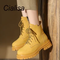 cialisa martin boots 2022 autumn winter new round toe fashion cow leather zipper chunky heels womens ankle boots yellow size 40