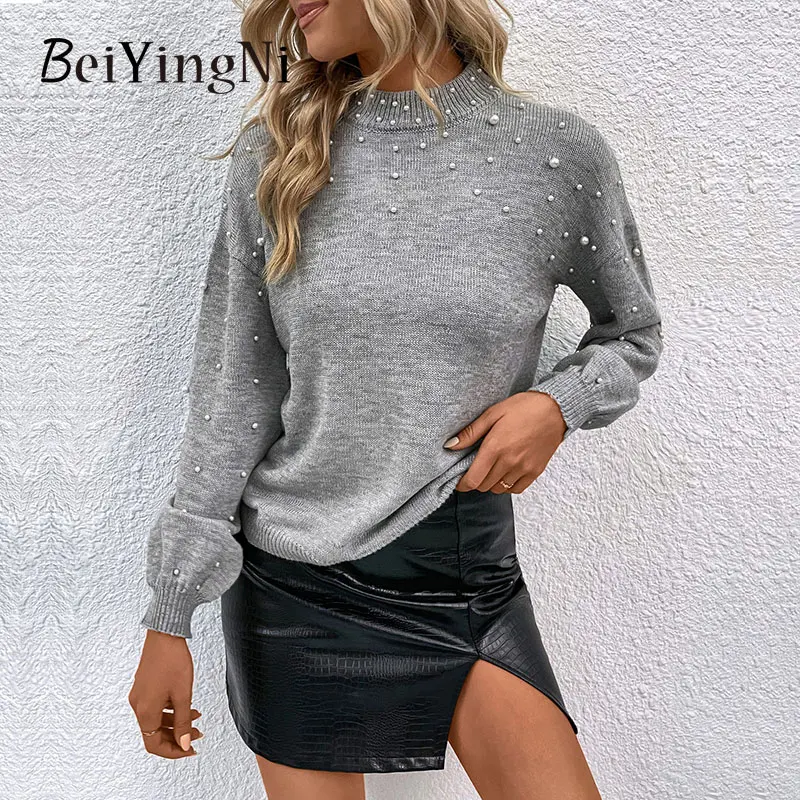 

Beiyingni 2022 Knitting Sweater Womens Solid Long Sleeve Half Turtleneck Loose Pullover Femme Vintage Elegant Casual Gray Jumper