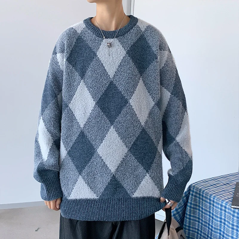 Мужской вязаный свитер в клетку с круглым вырезом | Кардиганы