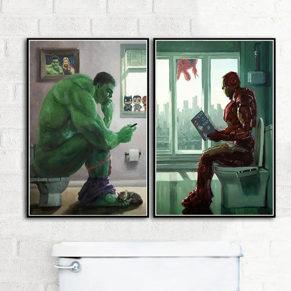 

Funny Superhero Toilet Wall Art Prints Ironman And Hulk Sit On Closestool Canvas Poster Painting Picture For Bathroom Decoration