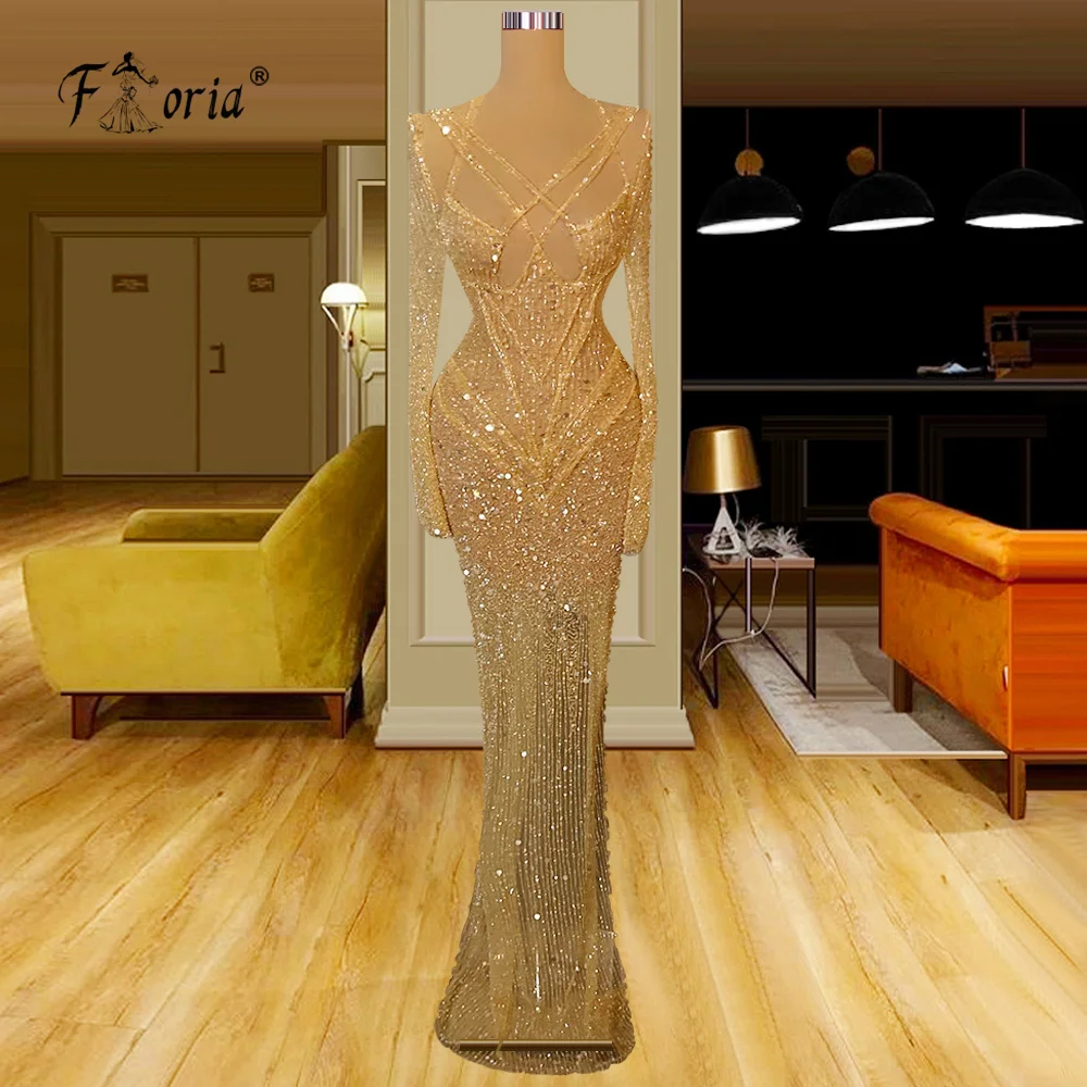 

Plus Size Champagne Long Sleeves Dubai Prom Dresses 2023 Bling Sequins Illusion Celebrity Party Dress Evening Wear Cocktail Robe