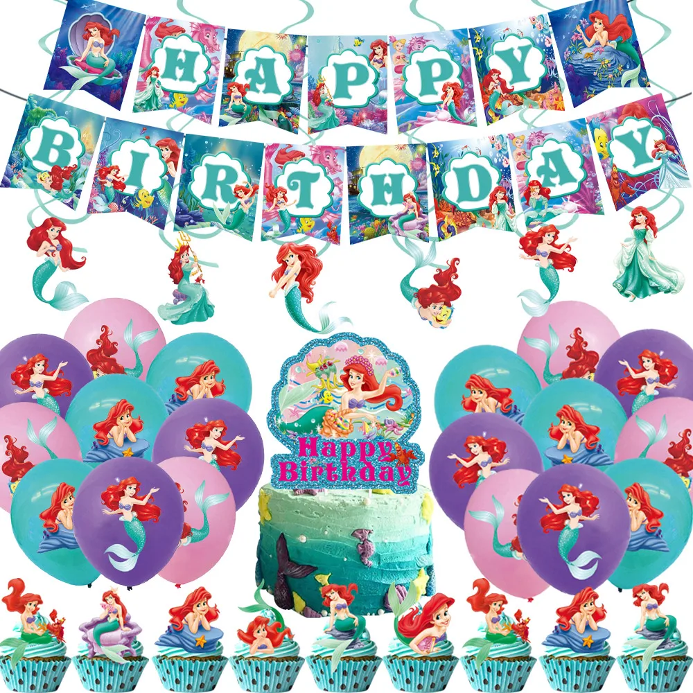

Disney Mermaid Princess Party Supplies Decoration Balloon Kids Toys Baby Shower Birthday Disposable Banners Ariel Flags