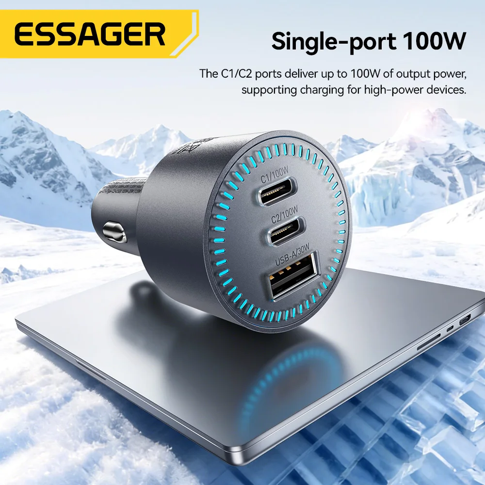 Фото Автомобильное зарядное устройство Essager 200W с USB Type-C, QC 4.0, 3.0, PD 100W, быстрая зарядка USB-C для iPhone 17, 16, Macbook Pro, Huawei №3