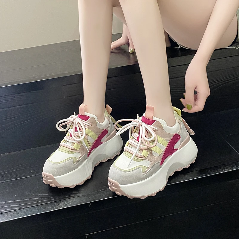 Women Platform Casual Breathable Leather Shoes New Autumn Chunky Sneakers 6.5CM Wedges Hidden Heels Leisure Sports Shoes Woman