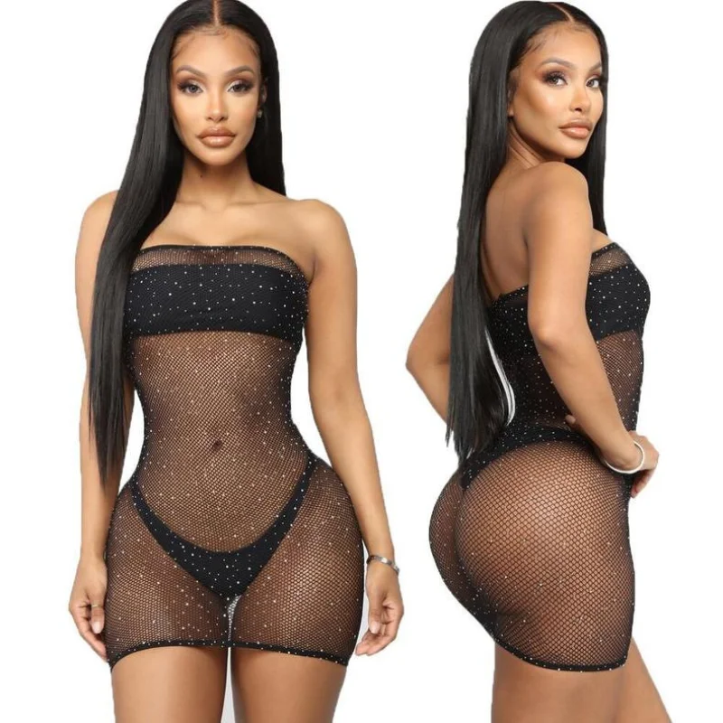

Sexy Transparent Mesh Wrap Breast Dress Fishnet Sexy Lingerie Shiny Fishnet Net Gauze See-through Hood Bikini Erotic Teddy