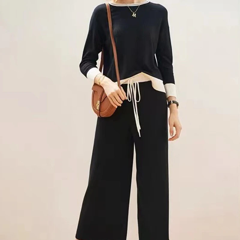 

Simple casual Women's Knit Straight Long Pants Loose Elastic Waist Color Patchwork Female Knitted Wide Leg Trousers
