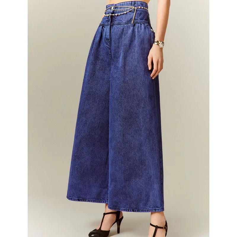

22 Early Autumn New Runway Wide Leg Pants Women Fashion Luxury Blue High Waist Button Loose Trousers Top Quality Casual Pants