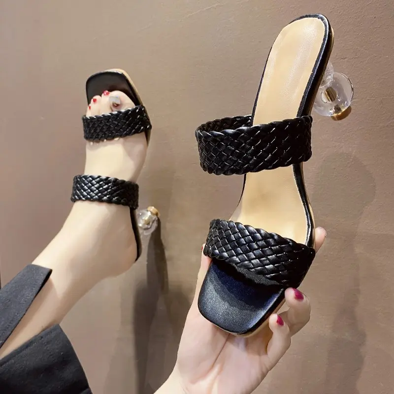

2022 New Summer Women Mules Design Slippers Sandal Slides Braided Cord 7cm Transparent Fretwork Heels Women Shoes Female