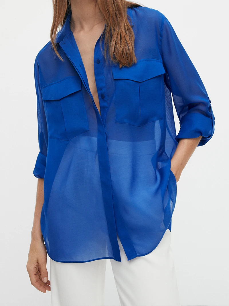 

Женская рубашка с длинным рукавом, Повседневная однотонная простая приталенная блузка с карманами, весна-осень 2022