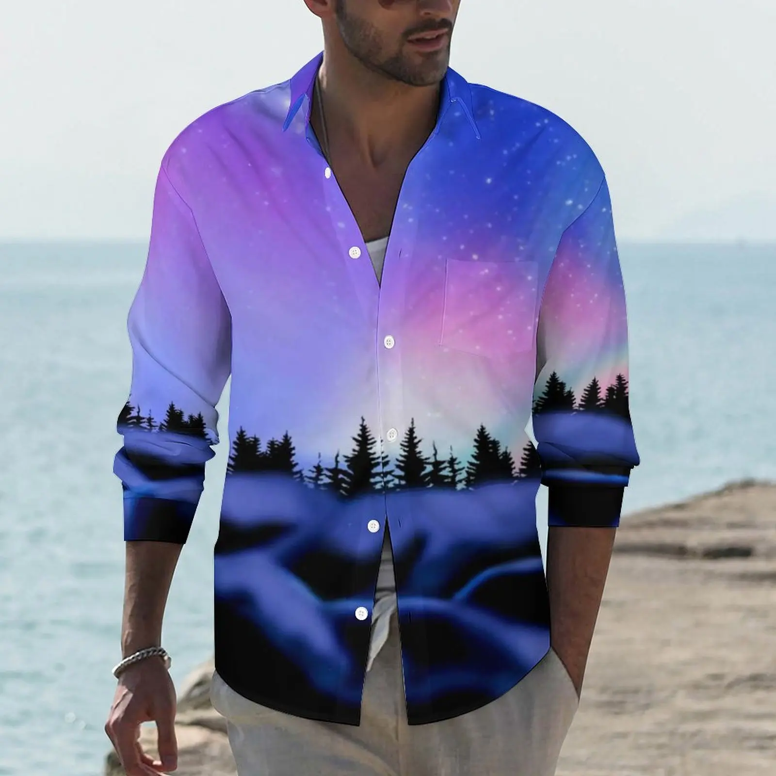

Mountains Galaxy Shirt Northern Dreamy Lights Casual Shirts Long Sleeve Graphic Funny Blouses Autumn Trending Oversized Top