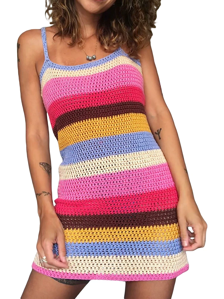 

Women Slim Sexy Dresses Sleeveless U Neck Backless Striped Knitting Casual Party Spring Summer Knitted Dress