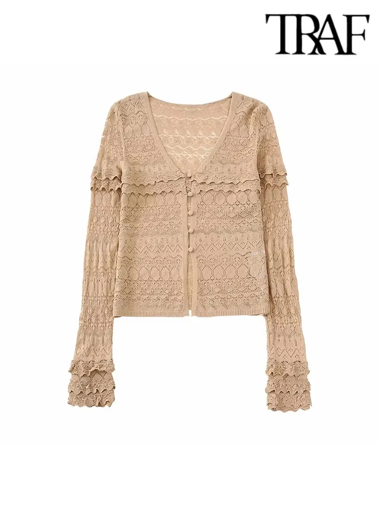 

TRAF Chic Vintage Knitted Long Sleeve V Neck Blouses Lace Hollow Out Cropped Sexy Flare Sleeve Tops Fashion 2023 Sweater