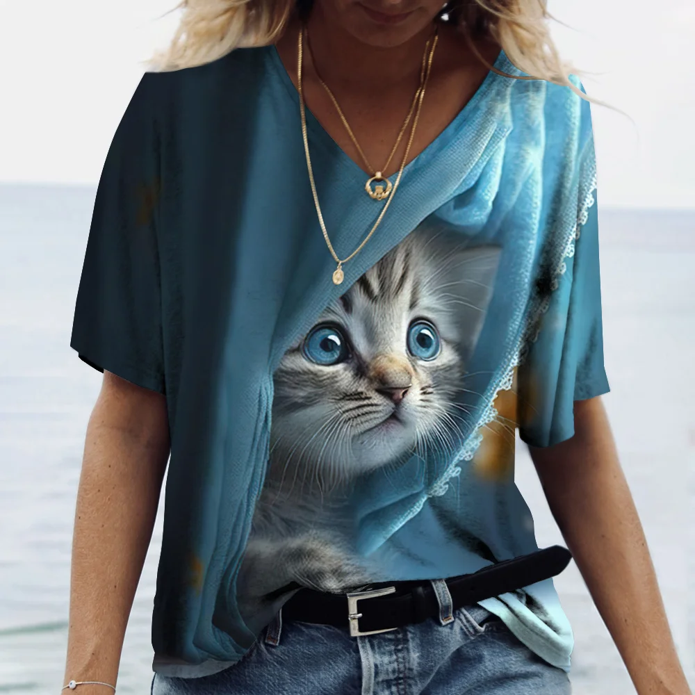 

Women's 3D T-shirt Kawaii Cat Print Top Girls' Clothing Summer Short Sleeve T-shirt V-Neck Leisure Vacation Women's T-shirt