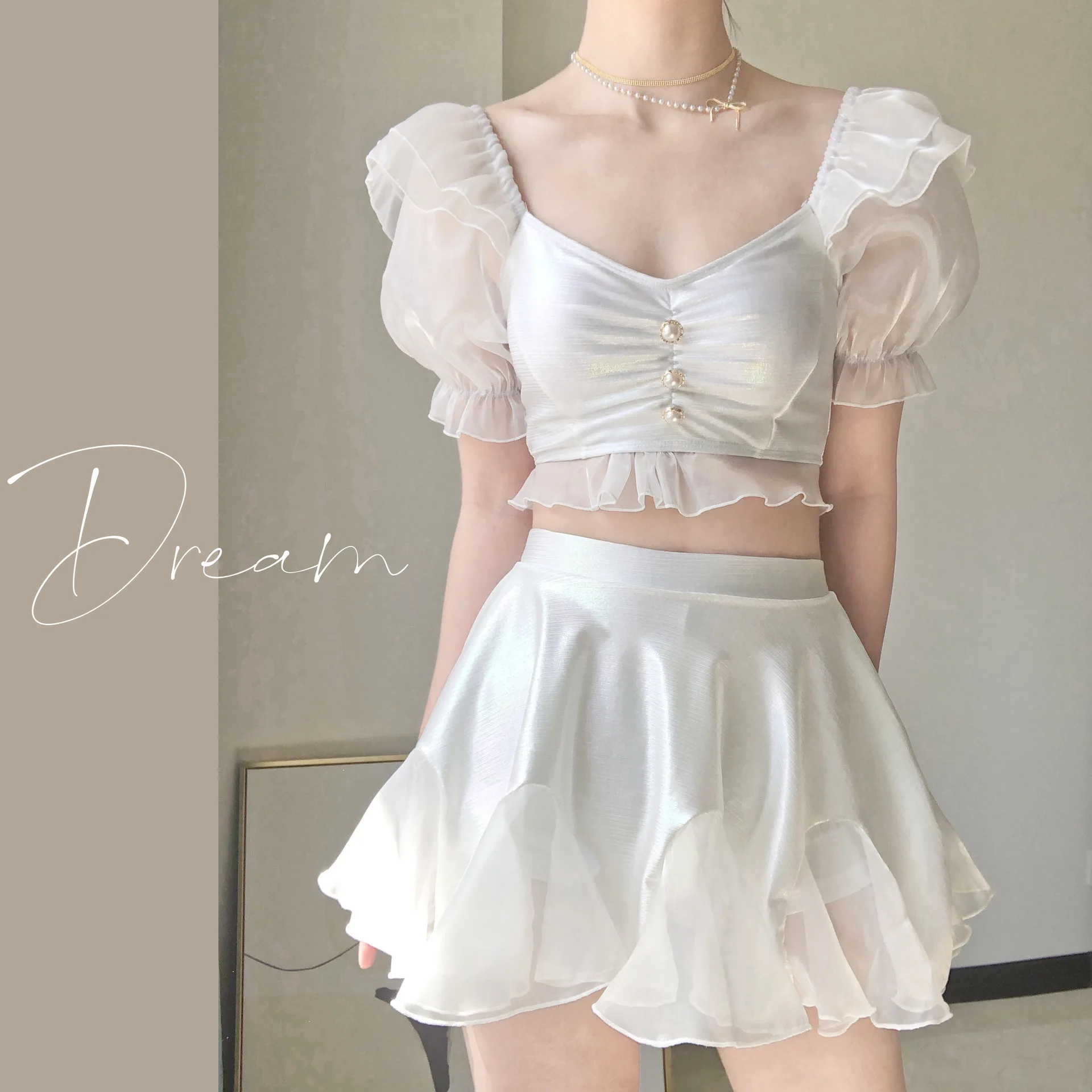 

New White Ruffle Trim Women's Swimsuits 2pc Set High Waist Sexy Swimwear Short Sleeve Hot Spring Beach Dress Wear Bathing Suit