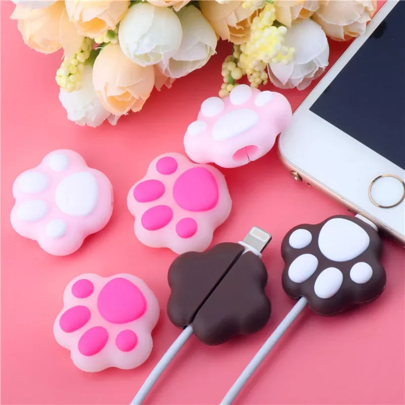 

SIANCS Pink Cat Paws Cable Bite Protector Cute Animal Wire Cable Holder For iphone12 PRO Usb Cable Cartoon Organizer Winder